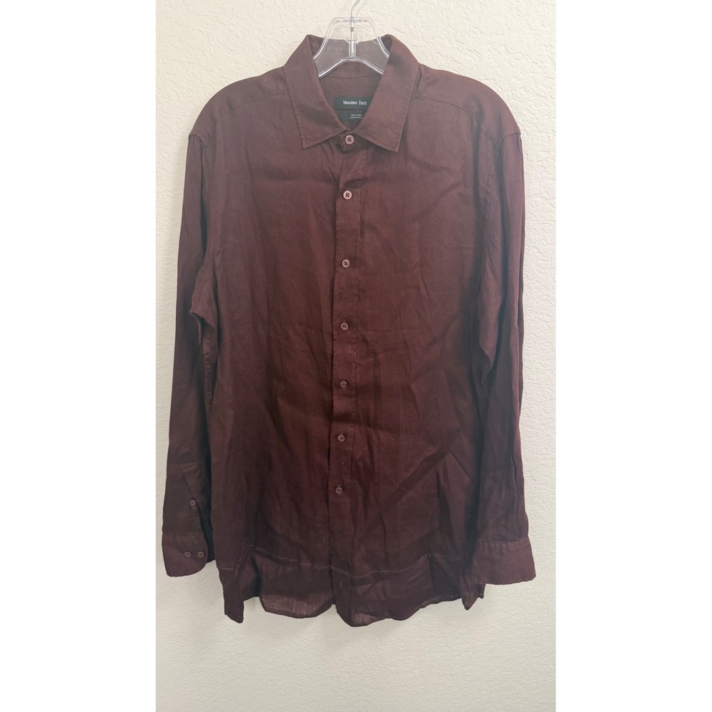 Massimo Dutti Mens Large Burgundy 100% Linen Long Sleeve Button Down Shirt